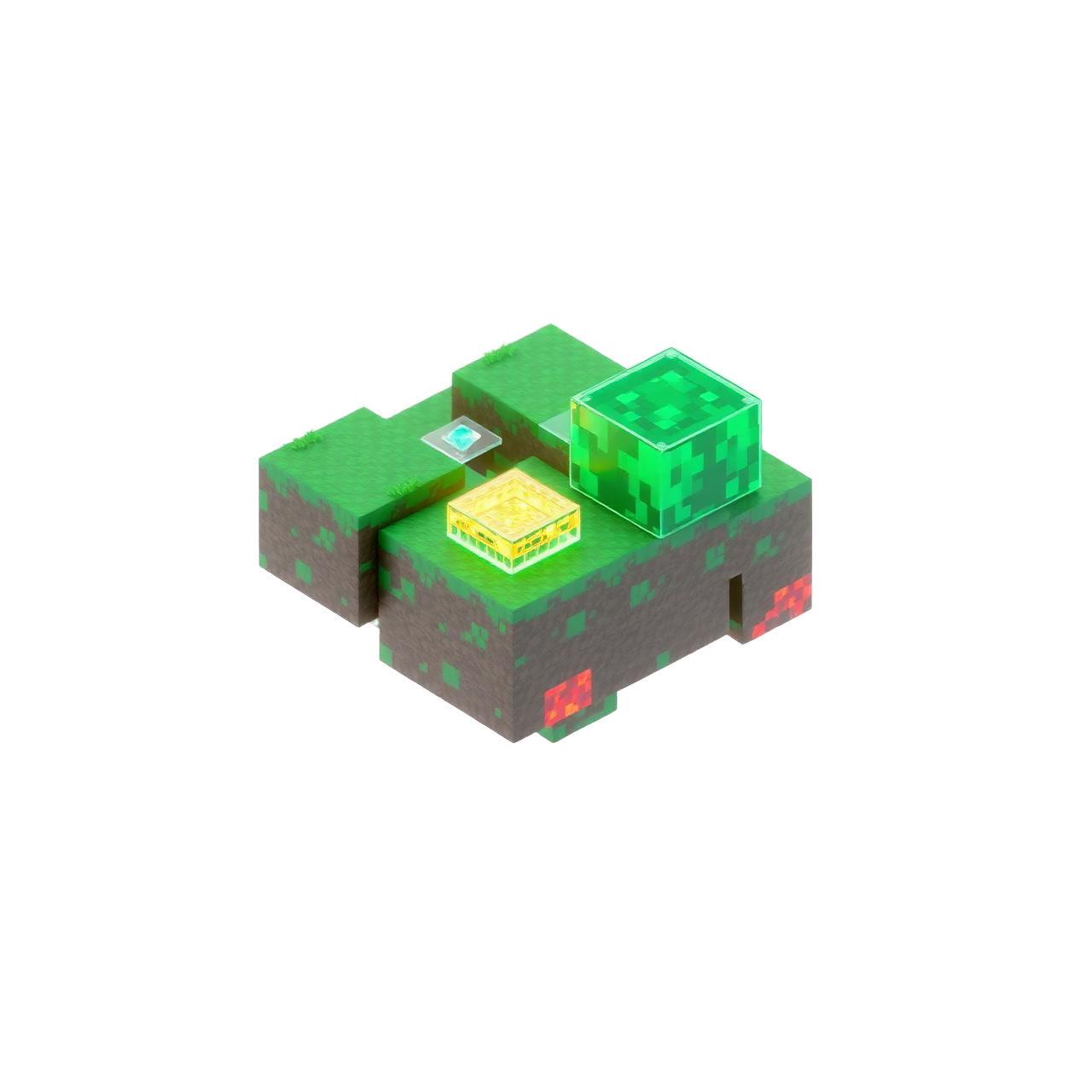 Floating Minecraft voxel blocks with green glow